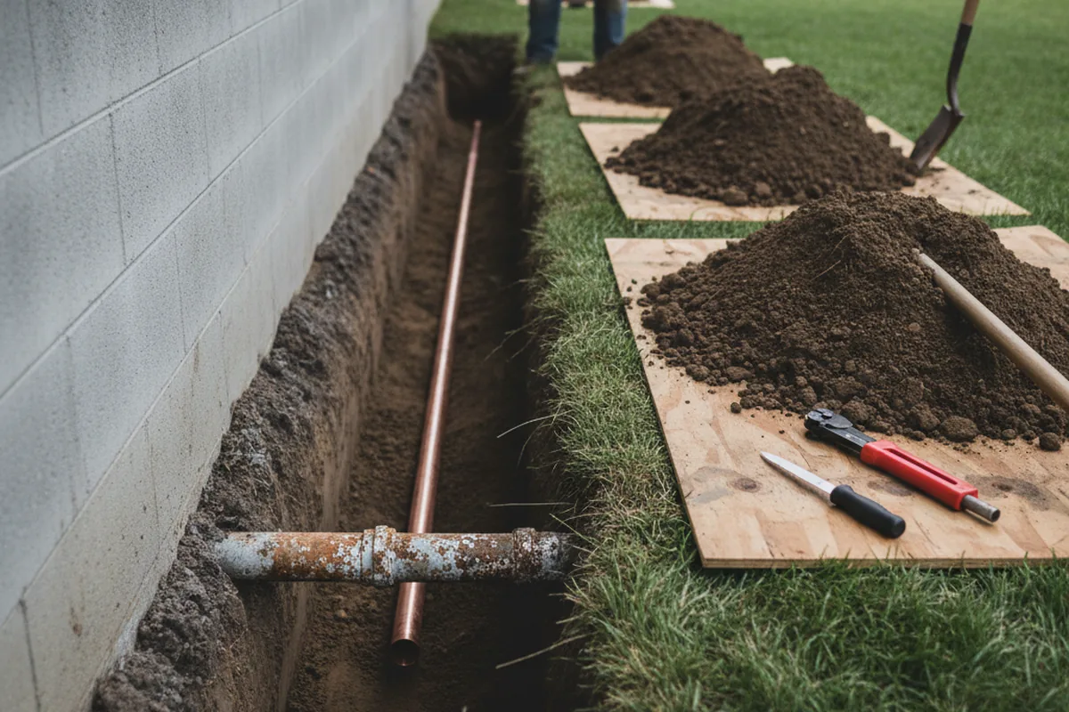 Excavated water line trench during Water Heater Repair in Burkittsville